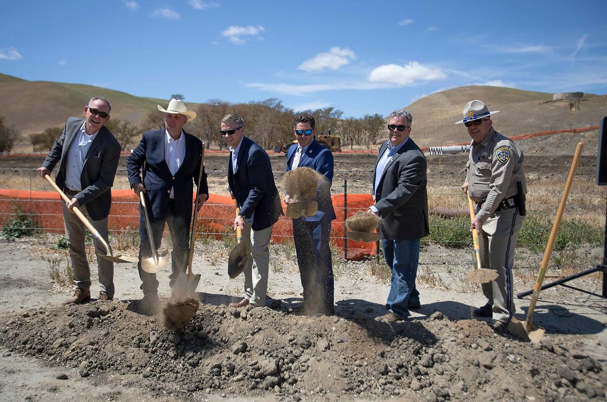 Numerous officials attended a groundbreaking ceremony for a Highway 46 widening project on April 15, 2022. From left are Pete Rodgers, SLO Council of Governments; John Peschong, SLO County supervisor; Mark Padien, general manager of Atkinson Construction; Jordan Cunningham, California state assemblyman; and Craig Klingenberger, SLO CHP captain.
