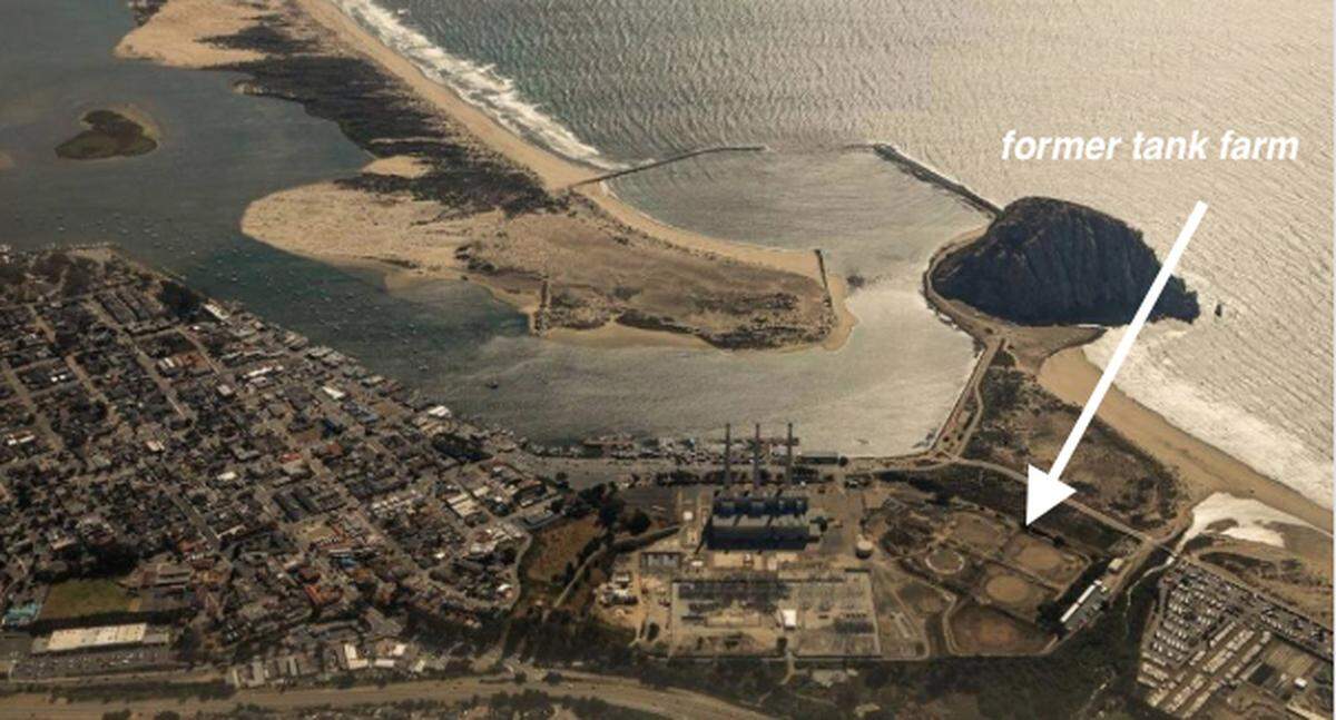 An aerial photo shows the location of the former tank farm at the Morro Bay Power Plant, where a new battery storage facility could be located.