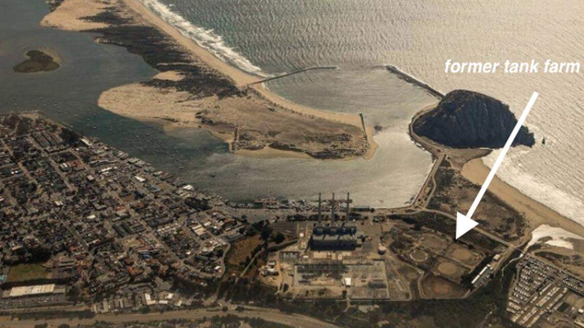 An aerial photo shows the location of the former tank farm at the Morro Bay Power Plant, where a new battery storage facility could be located.