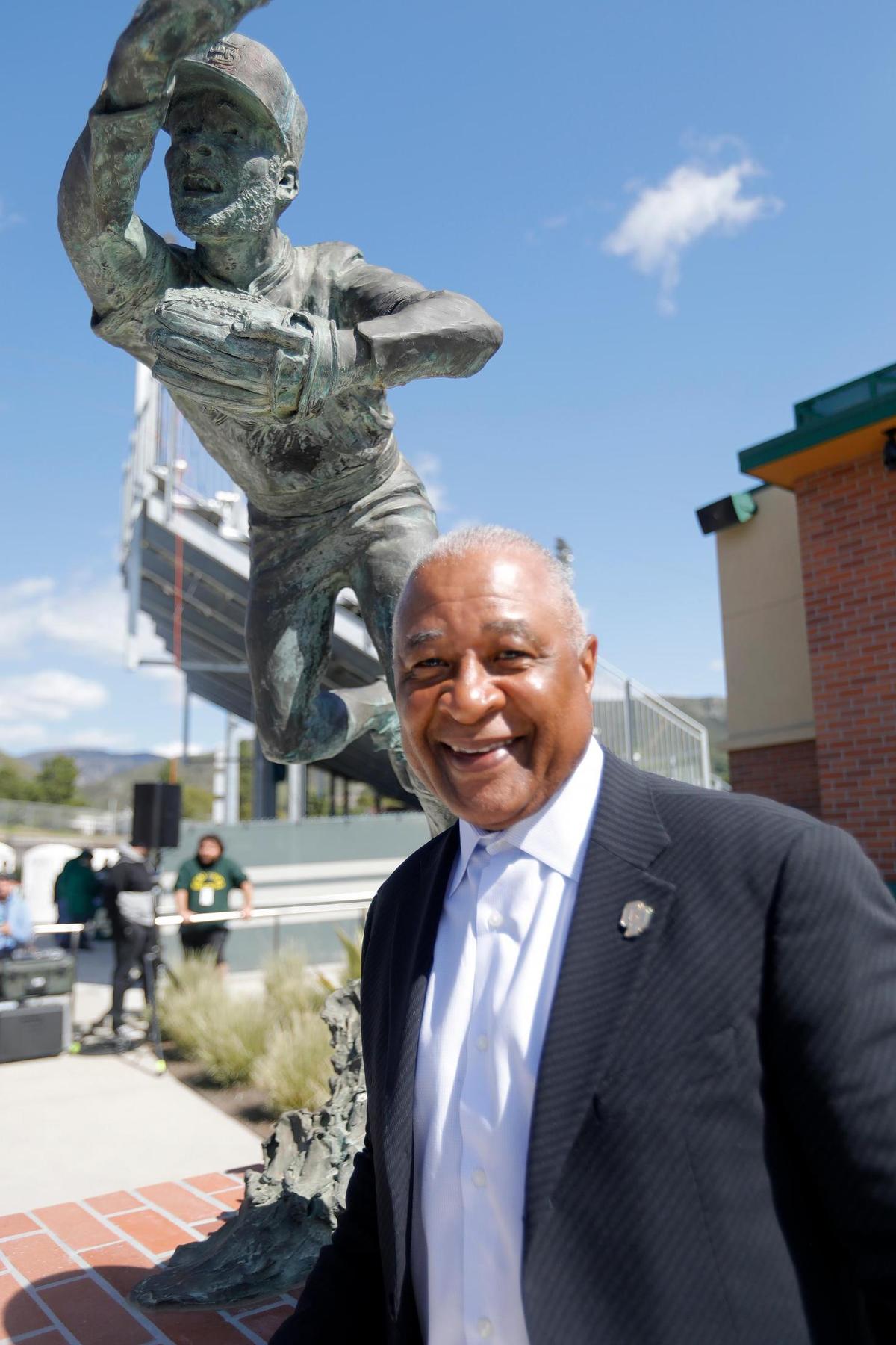 Cal Poly baseball legend and MLB Hall of Famer Ozzie Smith returned to Cal Poly for the re-dedication of his statue and the plaza at Baggett Stadium in San Luis Obispo on March 25, 2023.