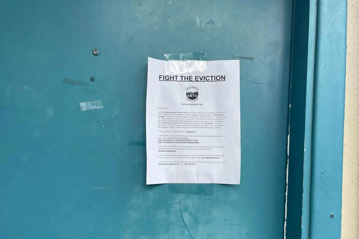 A Santa Barbara Tenants Union flyer is taped to the door of an apartment in CBC & The Sweeps in Isla Vista.