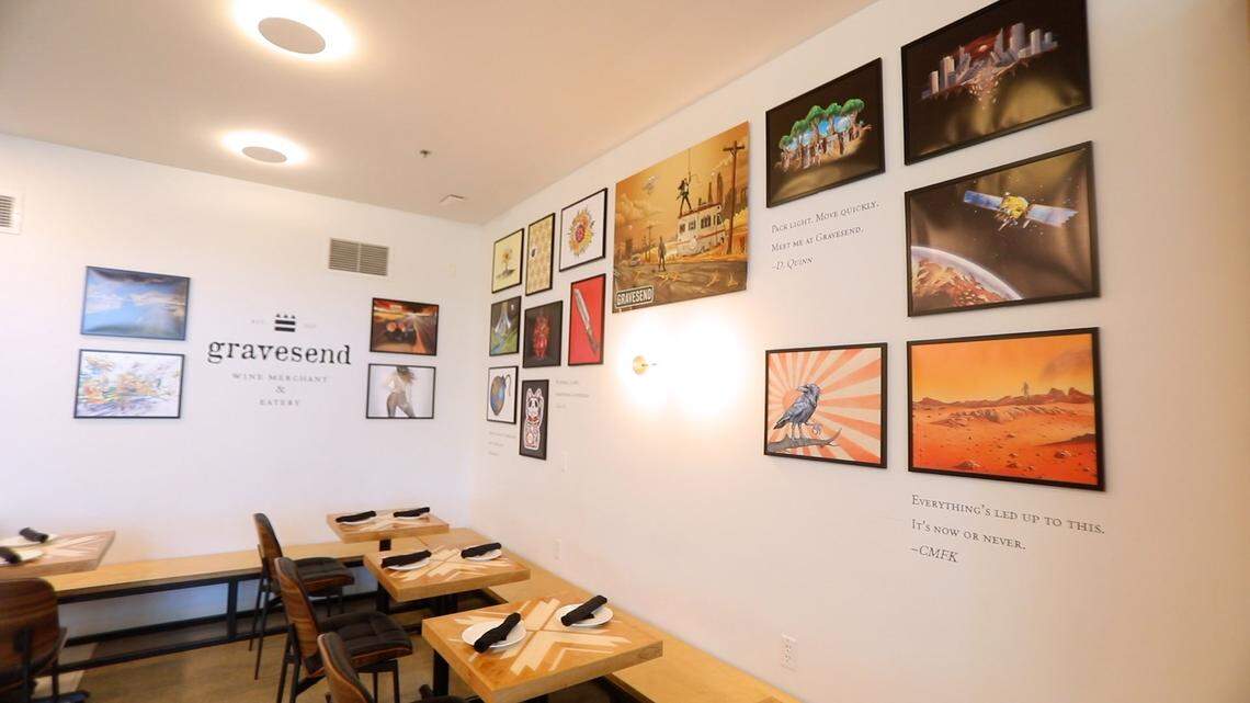 Gravesend Wine Merchant & Eatery in Paso Robles with art work featured on their wine labels seen here on Aug. 19, 2025.