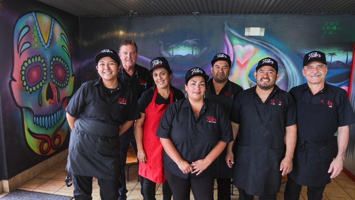 From the left: Brisa Garcia, Roger Sharp, Lupe Hernandez, Ashley Monahan, Santo Galendo, Felix Galendo and Roberto Cochran at Tito’s Red Tacos in Pismo Beach.