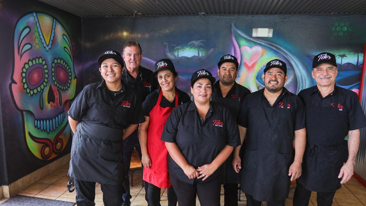 From the left: Brisa Garcia, Roger Sharp, Lupe Hernandez, Ashley Monahan, Santo Galendo, Felix Galendo and Roberto Cochran at Tito’s Red Tacos in Pismo Beach.