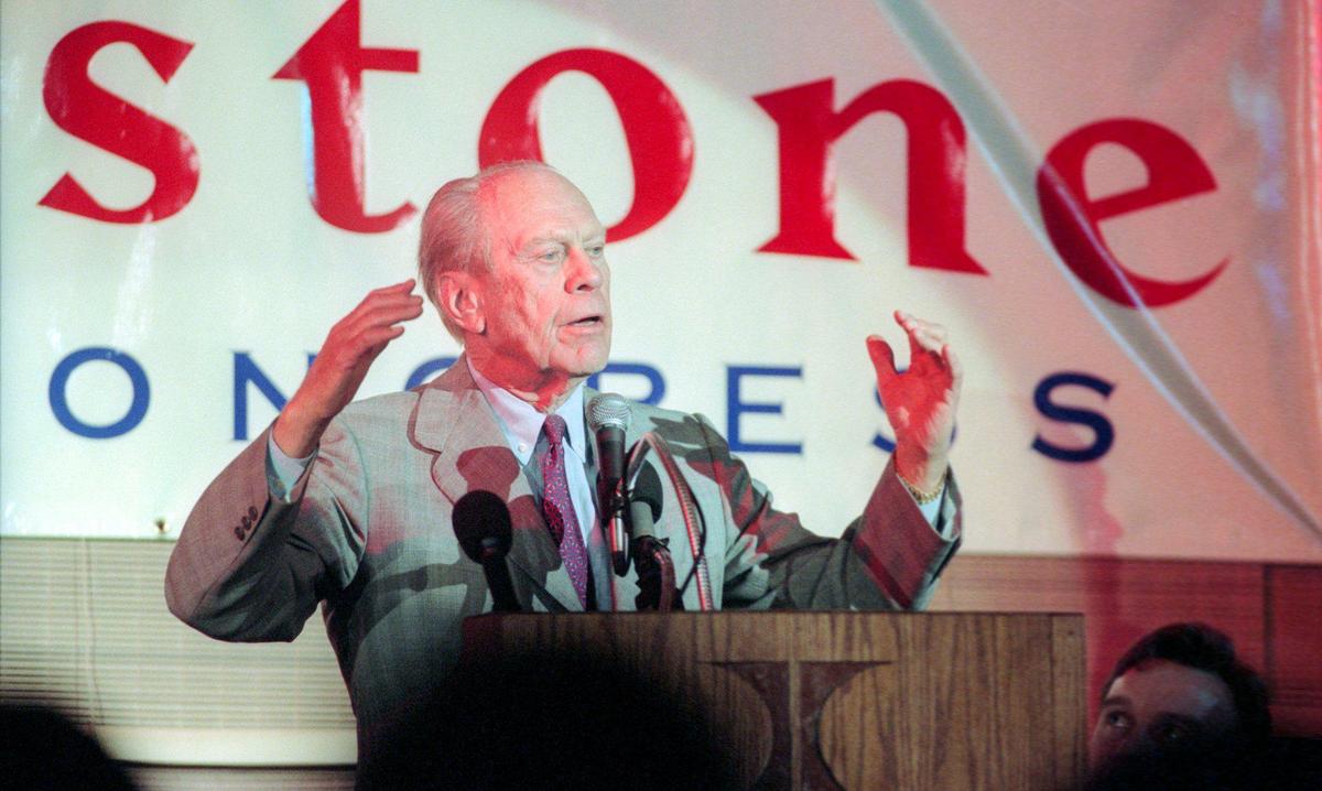 Former U.S. President Gerald Ford came to Santa Maria on Dec. 1, 1997, to endorse Brooks Firestone in a congressional special election. He spoke to a lunch at the Santa Maria Hilton.