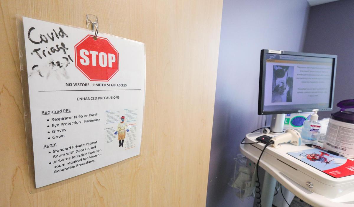 This exam room at Twin Cities Community Hospital is dedicated to COVID-19 triage. The Delta variant has resulted in a surge of new critically ill patients at local hospitals.