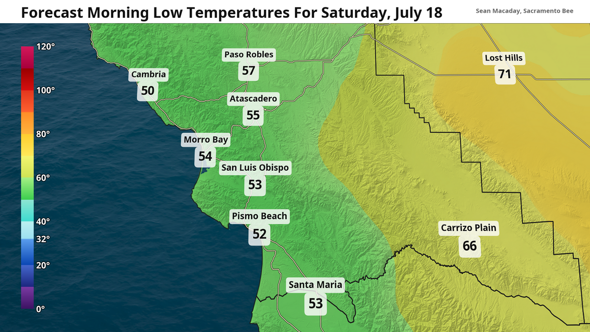 Forecast low temperatures for the morning of Saturday, July 18.