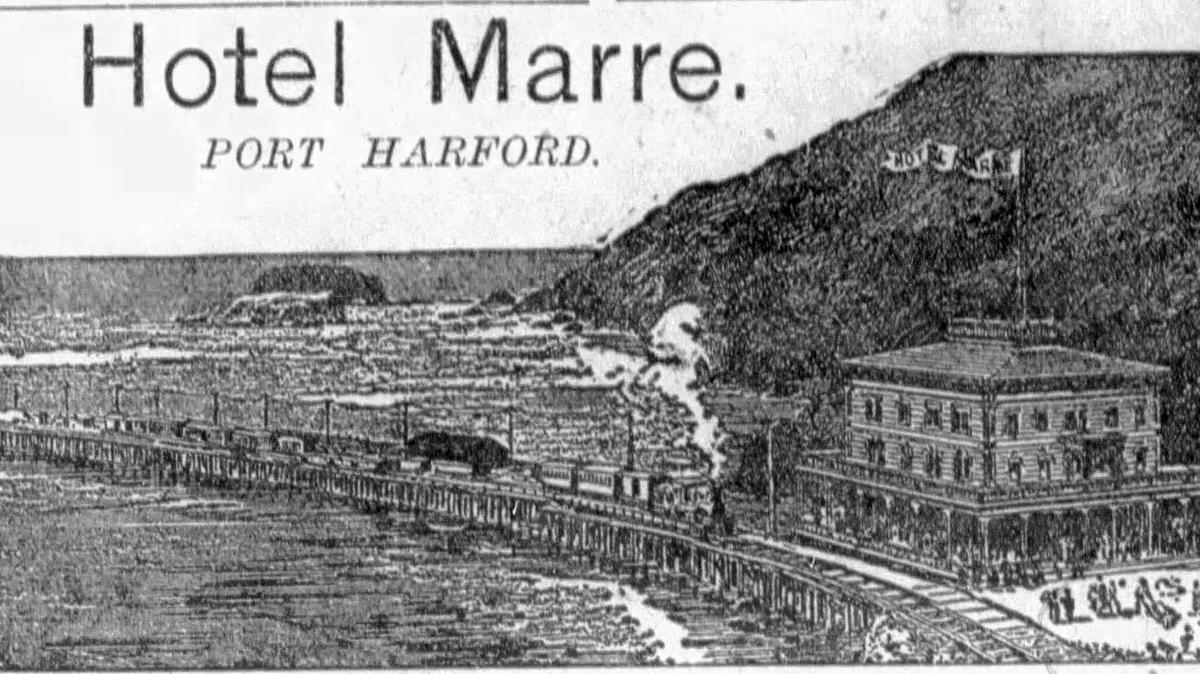 An advertisement for Hotel Marre at the base of the Port San Luis Harford Pier that ran in the 1892 Morning Tribune reads, “The pleasantest seaside resort on the coast. Elegant rooms, excellent table. Bathing, sailing, rowing, fishing. By steamer to Santa Barbara, 6 hours; 15 to San Francisco.”