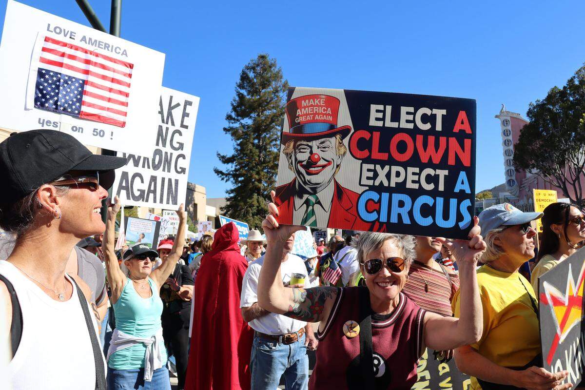 Thousands of people attended the No Kings rally in downtown San Luis Obispo to protest the Trump administration and support Prop. 50 on Oct. 18, 2025.