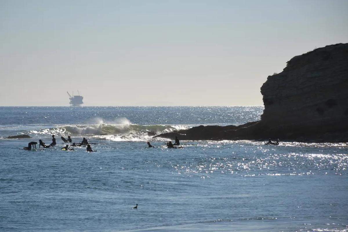 One of Sable Offshore Corp.’s offshore oil platforms is seen from Refugio State Beach.