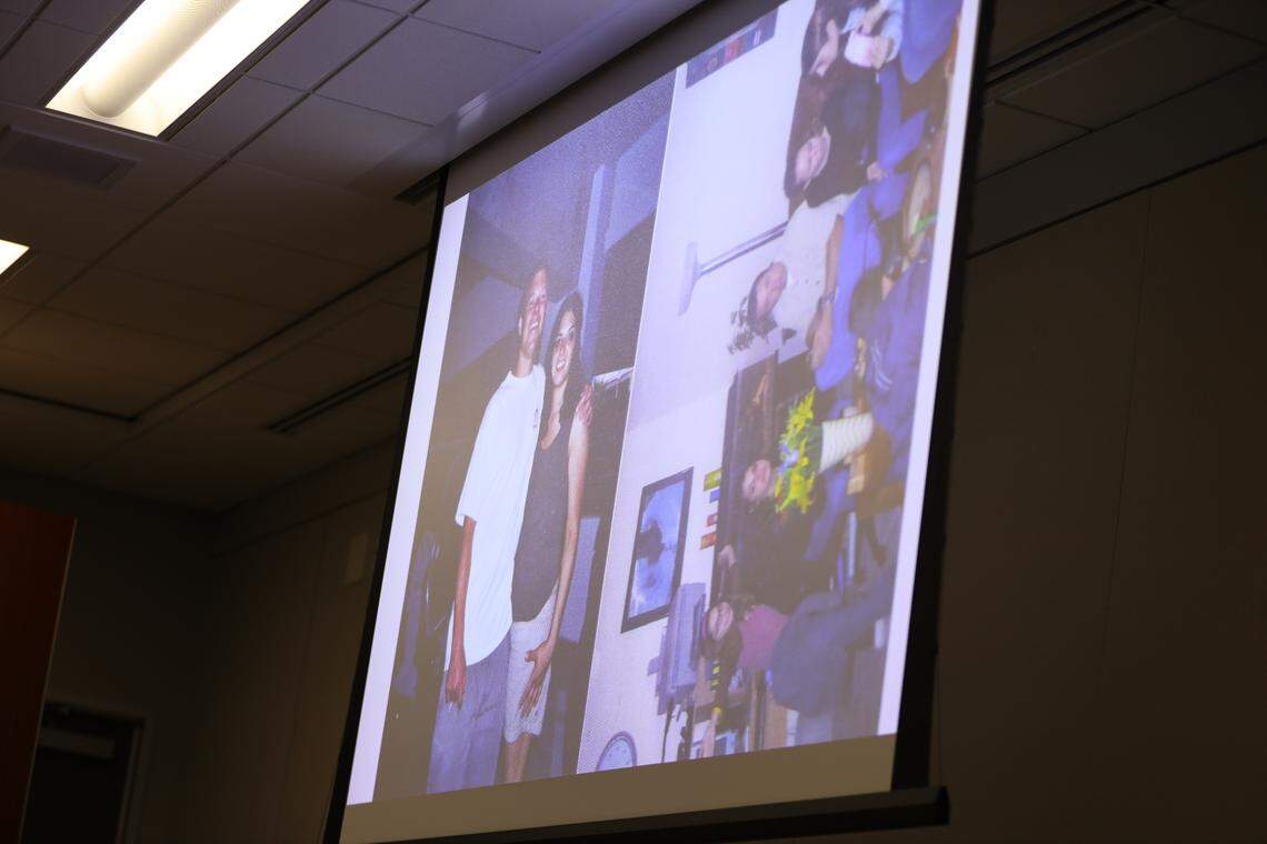 A photo of Angie Carrizel and Paul Flores from when they were dating is shown to the juries during the trial against Flores and his father, Ruben Flores, in connection with the 1996 murder of Kristin Smart at the Monterey County Superior Court in Salinas on Aug. 25, 2022.