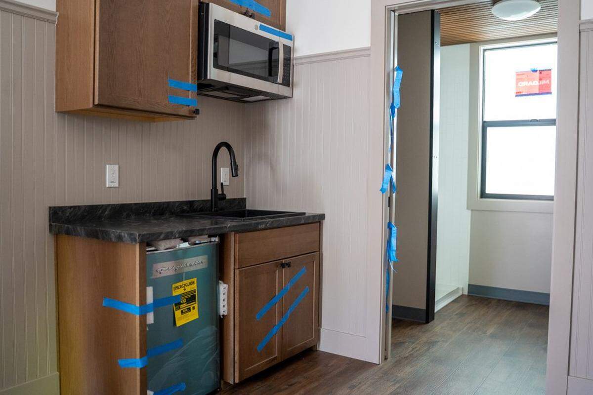 The interior of a 3D-printed home at the Welcome Home Village project site on Friday, Nov. 21, 2025. The homes were produced at a facility in Gardena and shipped to San Luis Obispo in late 2025.