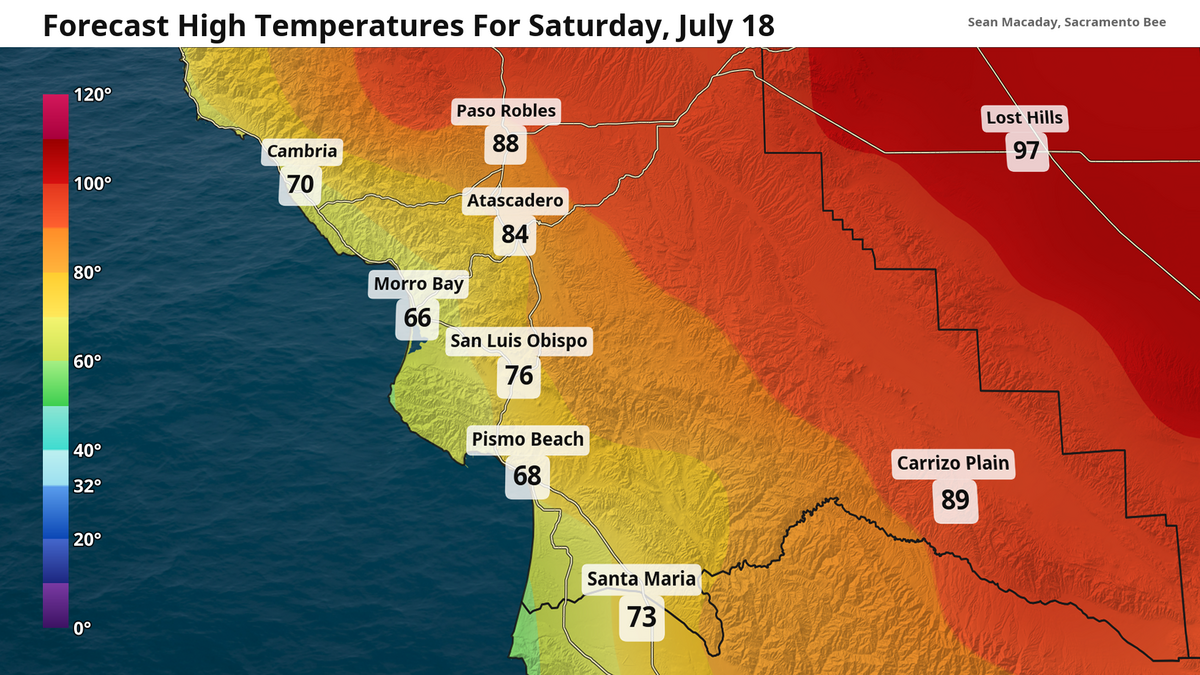 Forecast high temperatures for Saturday, July 18