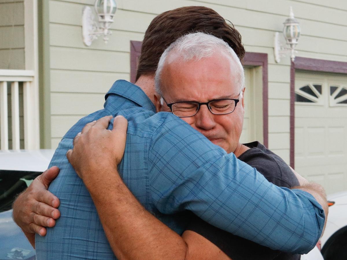 Michael Freund, left, was one of the first on scene to give medical aid when Cal Poly student Jordan Grant was fatally injured in a motorcycle crash on Sunday, October 7, 2018. Jordan’s father James gives Freund a hug when they met a few days later.