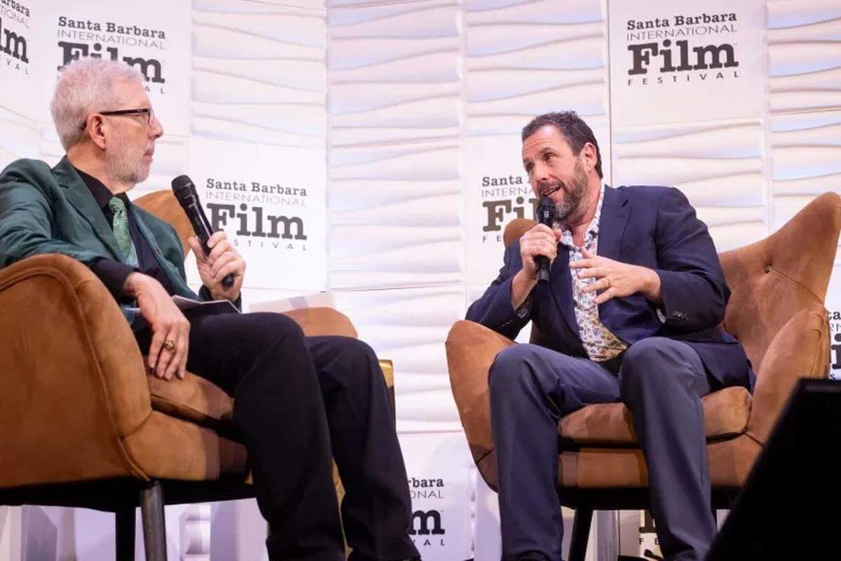 Leonard Maltin and Adam Sandler discuss Sandler’s career at the Santa Barbara International Film Festival on Thursday night, Feb. 5, 2026.