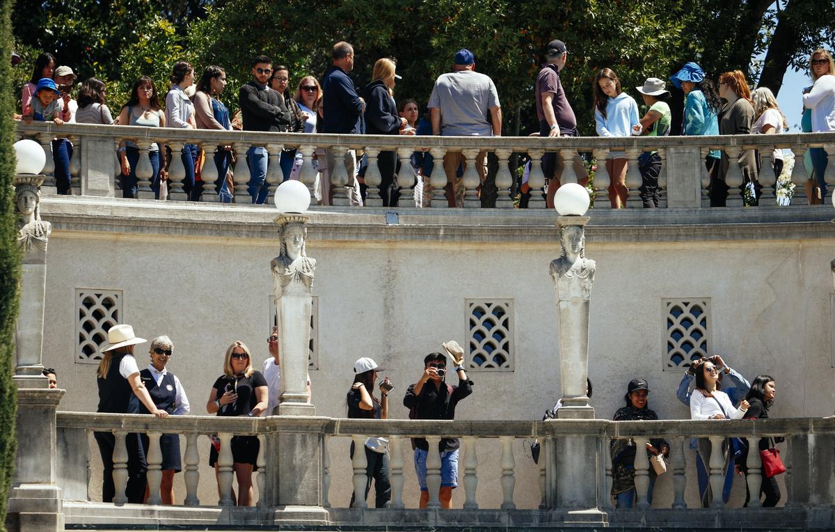 A tour passes by the Neptune Pool at Hearst Castle as it is being filled with 345,000 gallons of water after a $5.4 million renovation project that began in mid-May 2016.