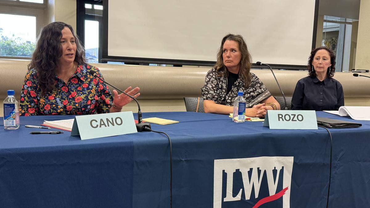 Elaina Cano, Vanessa Rozo and Gaea Powell faced off at a SLO County clerk-recorder candidate forum held at Ludwick Community Center in San Luis Obispo, hosted by the League of Women Voters of San Luis Obispo County on April 7, 2026.