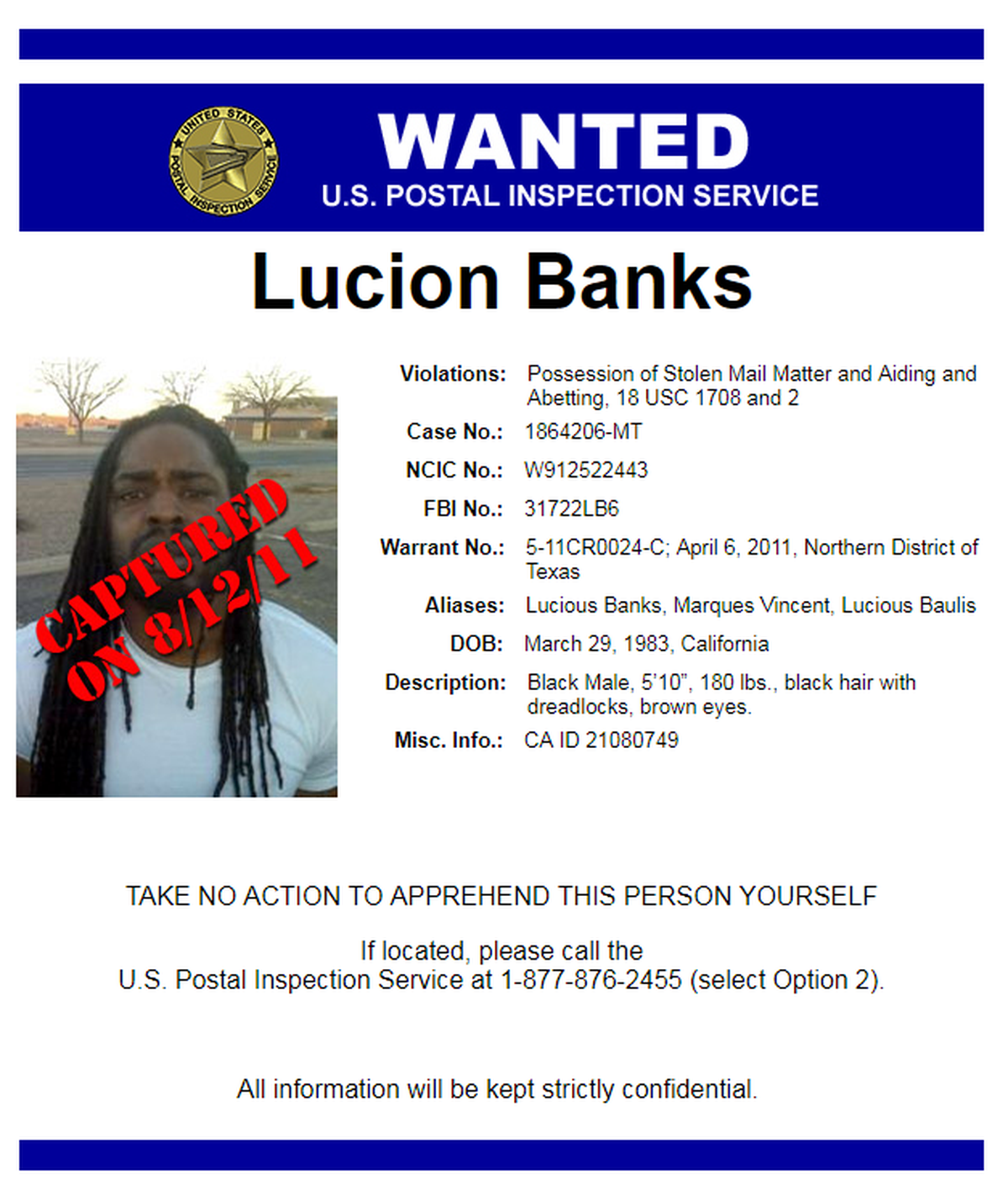 A 2011 U.S. Postal Inspection Service notice for Lucion Banks.