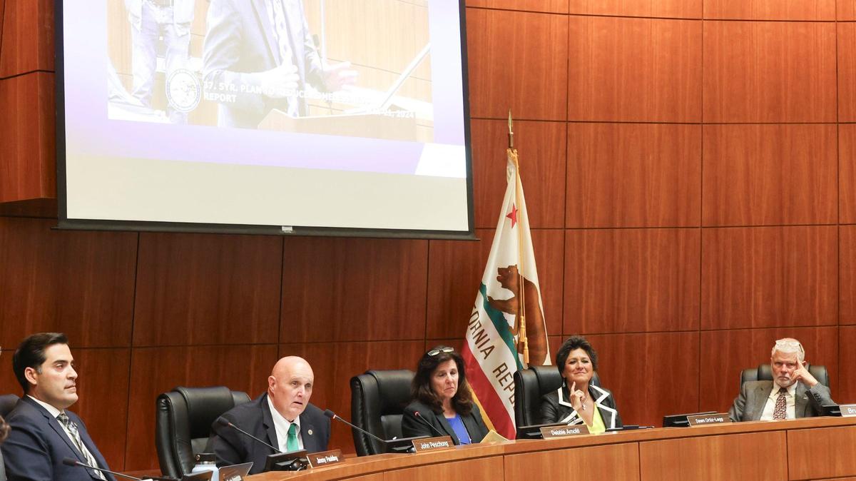 Members of the Board of Supervisors, from left, Jimmy Pauling, John Peschong, Debbie Arnold, Dawn Ortiz-Legg and Bruce Gibson, conduct a meeting in May 2024. At the July 9 Board of Supervisors meeting, many members of the public spoke in public comment often sharing misinformation related to the LGBTQIA+ community and voting systems.