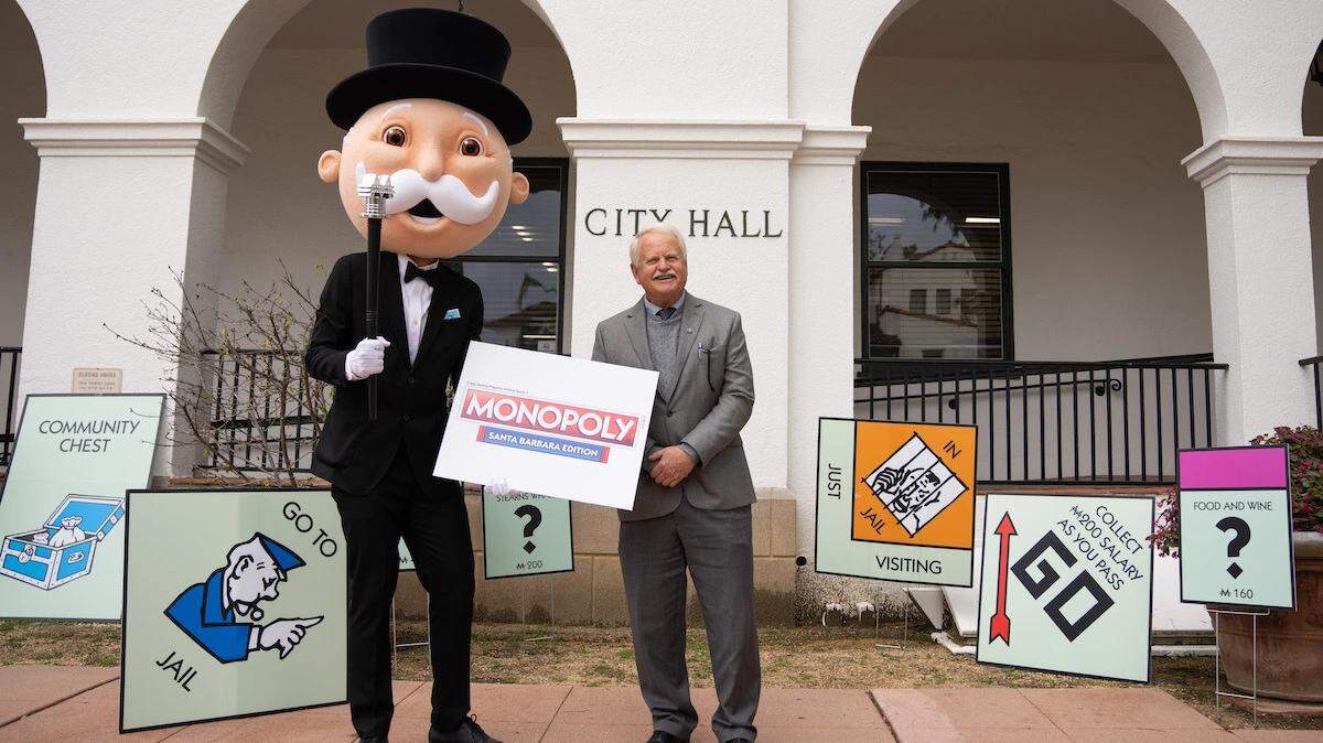 Mr. Monopoly poses for a picture with Santa Barbara Mayor Randy Rowse in March 2023. Top Trumps is developing a Santa Barbara version of the popular board game.