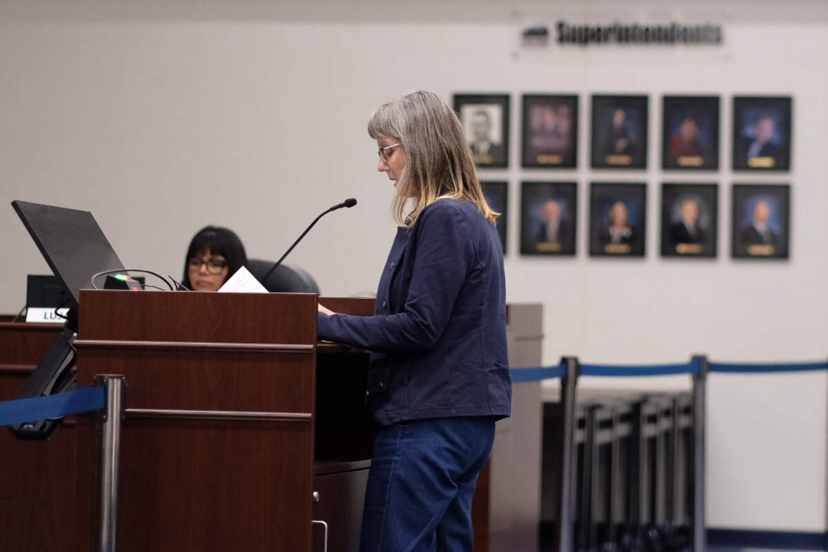 Jennie Merritte speaks at a Lucia Mar school board meeting on June 11, 2026. Merritte filed an appeal for the board to consider removing the novel “The Bluest Eye” by Toni Morrison from the library at Arroyo Grande High School.