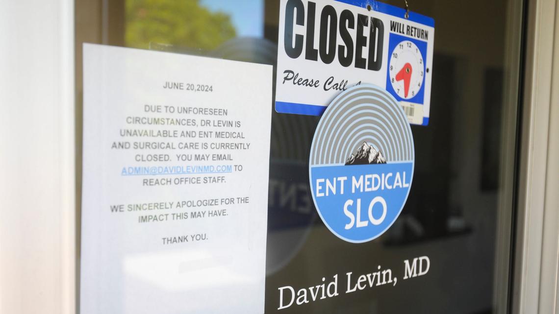 The San Luis Obispo office of Dr. David Levin on Casa Street is closed with a notice on the door seen here on July 11, 2024. He had his license suspended on June 21, 2024. According to a lawsuit filed May 27, 2024, Levin allegedly did meth in the office and sexually harassed his lead medical assistant.