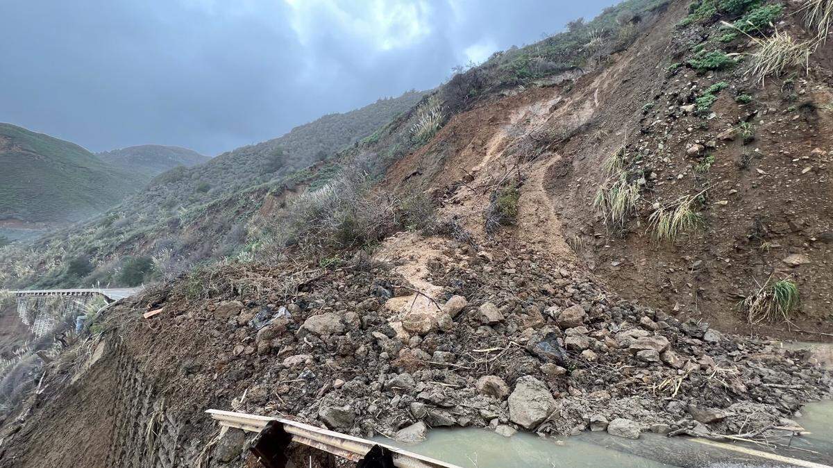 New slide area on Highway 1 in Monterey County just south of Mill Creek, Jan. 15, 2023.