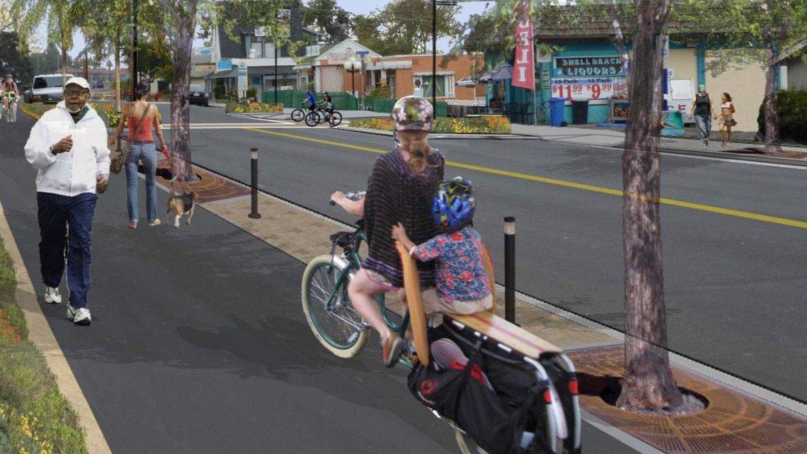 A rendering shows how the Shell Beach Streetscape Project aims to increase pedestrian and bicyclist mobility with an 8-foot-wide pathways along they highway side of Shell Beach Road.