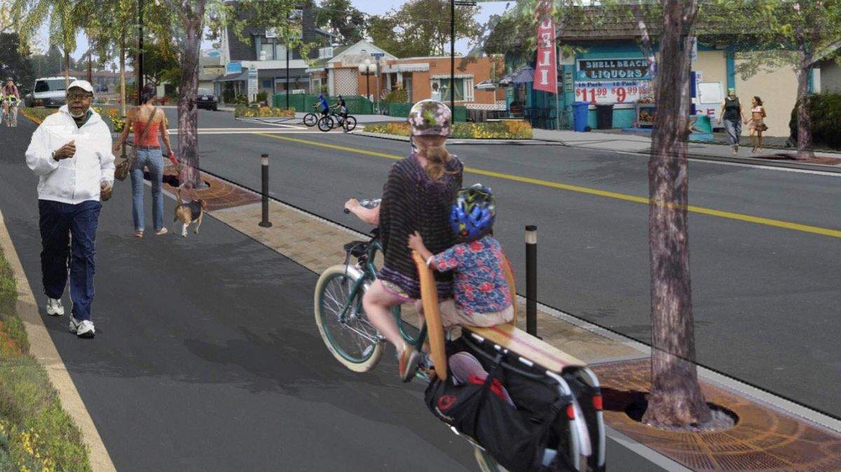 A rendering shows how the Shell Beach Streetscape Project aims to increase pedestrian and bicyclist mobility with an 8-foot-wide pathways along they highway side of Shell Beach Road.