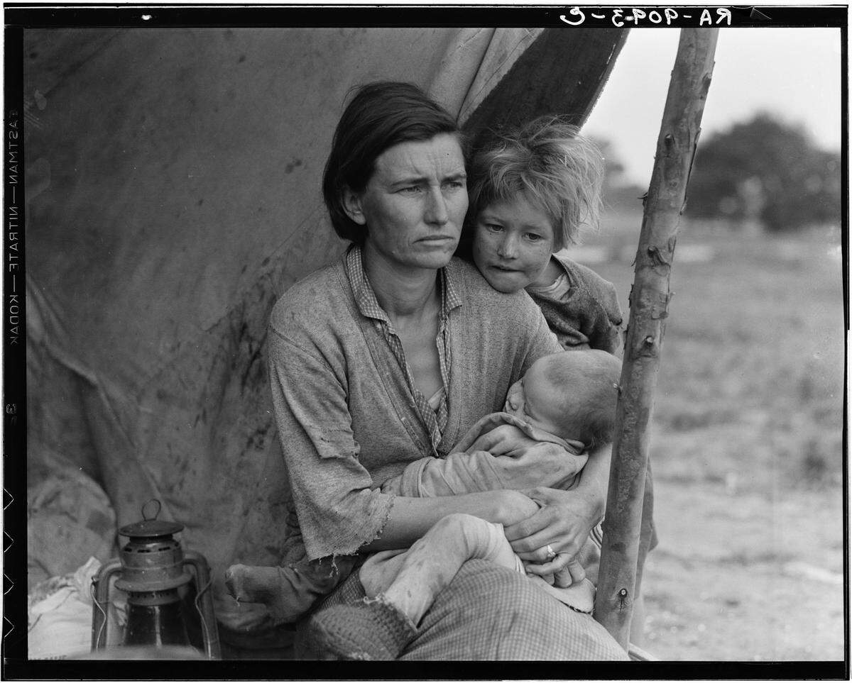 Florence Leona Thompson with her children Norma, Katherine and Ruby in a pea pickers camp on the Nipomo Mesa in 1936. ”Migrant Mother” was an iconic photo of the Great Depression capturing perseverance in the face of hard times.