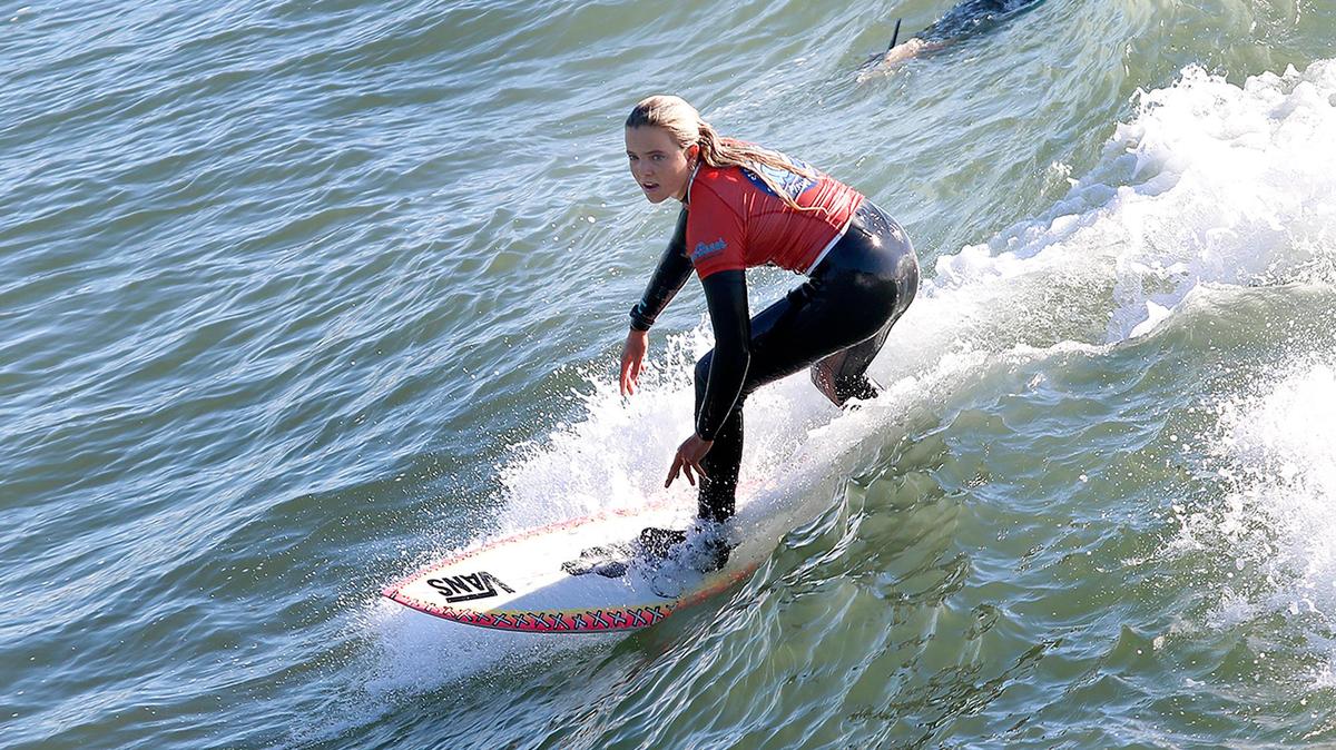 Bella Kenworthy of San Clemente competes in the World Surf League’s SLO CAL Open at Pismo Beach on Thursday, Jan. 26, 2023. She was the top placer in the sixth heat.