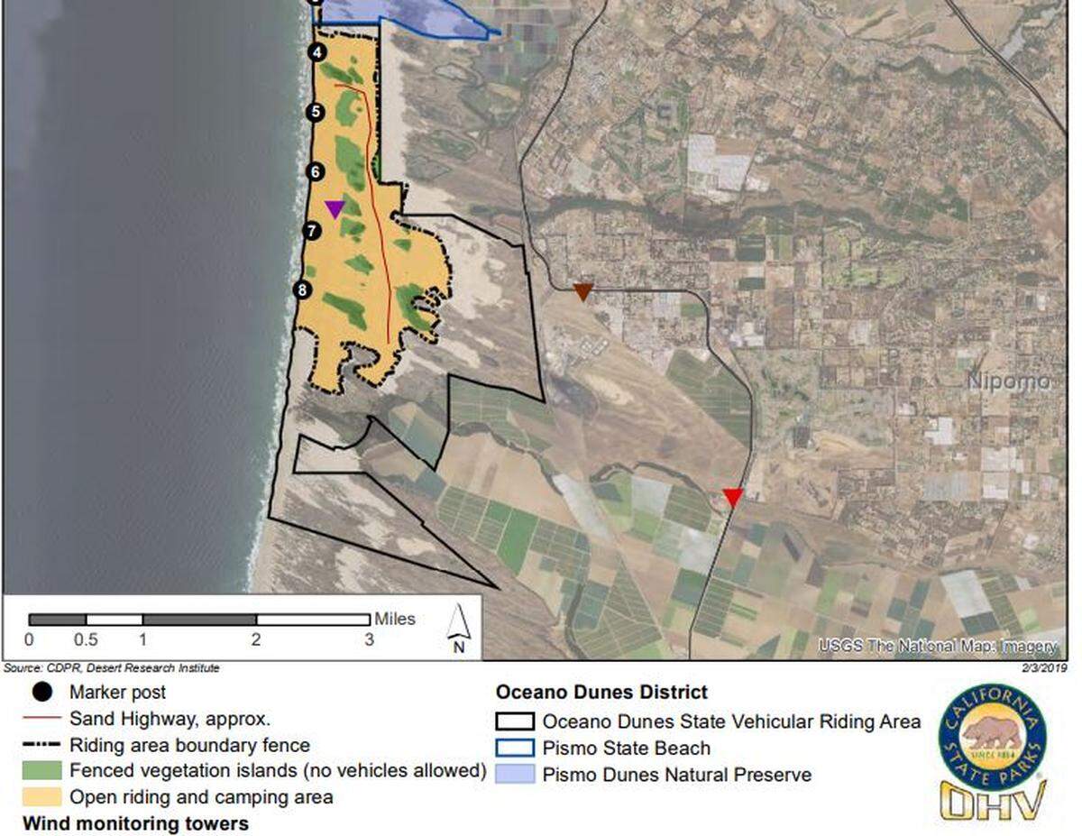 A map of the Oceano Dunes State Vehicular Recreation Area shows locations in green that would be fenced off from off-road riding and revegetated.