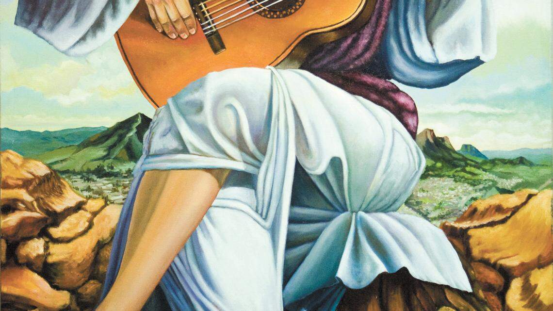 Carlos Diaz combines ancient Mexico symbolism, San Luis Obispo landmarks and storytelling for his oil painting ‘Snake Charmer in the Key of Sol.’