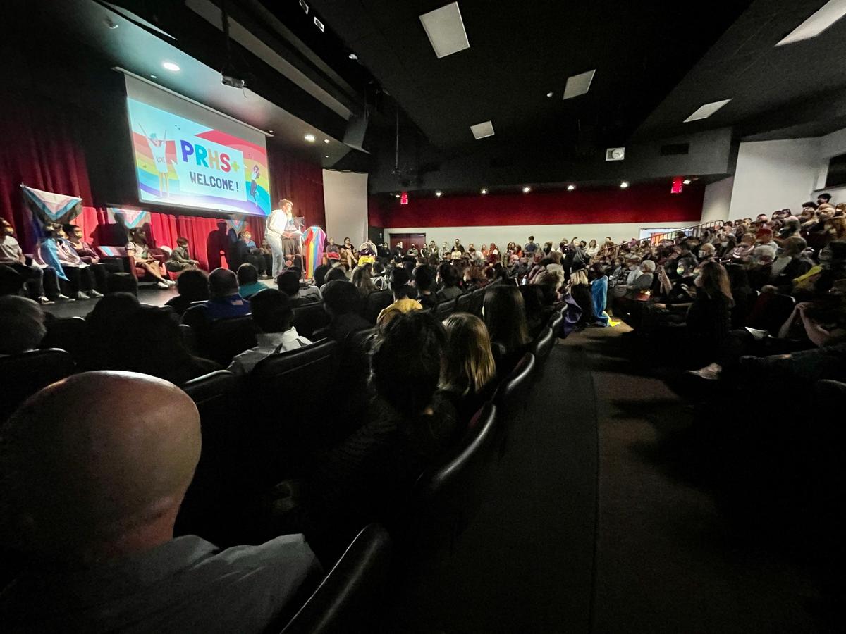 Student MCs take the stage during the Oct. 20 “Coming Out Against Hate” forum event held at Paso Robles High School’s performing arts center. The event was held in response to recent homophobic attacks at the school. More than 300 San Luis Obispo County residents attended.