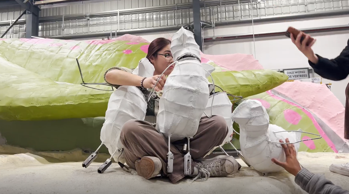 Cal Poly students christened the universities’ 2025 Rose Parade float before sending it off to Pasadena to be decorated ahead of its big New Year’s Day appearance.&nbsp;Students from both Cal Poly San Luis Obispo and Cal Poly Pomona planned and prepared the float for nearly a year, testing the mechanics and materials used and planning the elaborate floral decoration. 