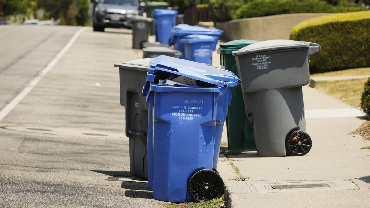 Blue recycling bins along with trash and greenwaste bins sit on the side of Pismo Street in San Luis Obispo.