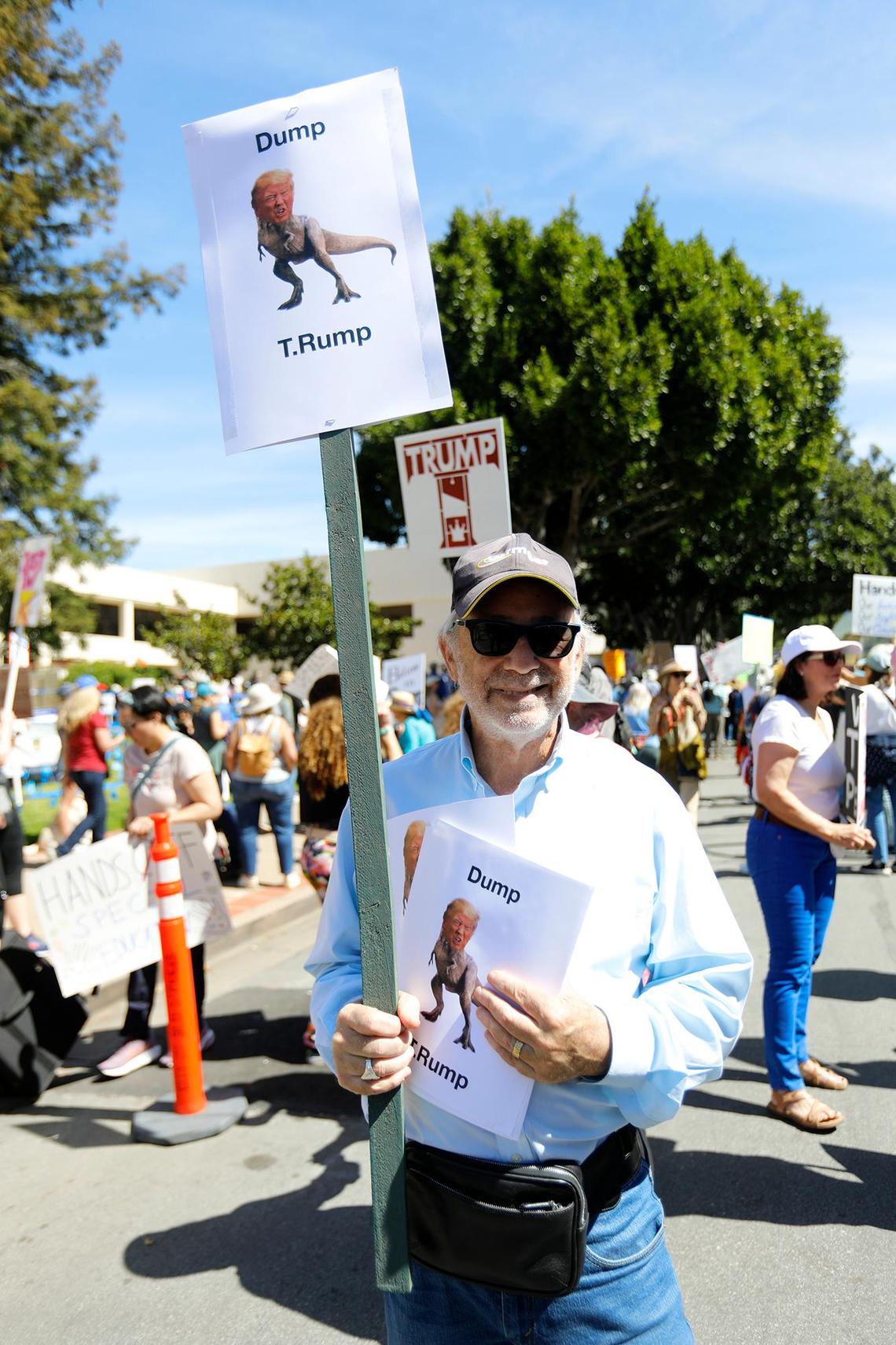 Thousands of people gather at San Luis Obispo Superior Court in California as part of the “Hands Off!” rally to protest President Donald Trump and his advisor Elon Musk.