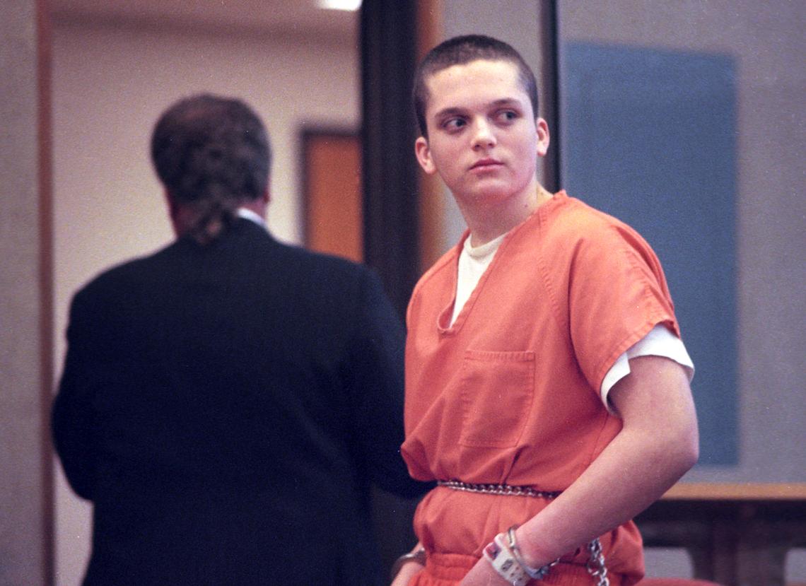 Joseph Fiorella looks back at the family of Elyse Pahler before following attorney David Hurst out of the courtroom in March 1997. Fiorella was sentenced to 26 years to life in prison for his role in the premeditated murder.