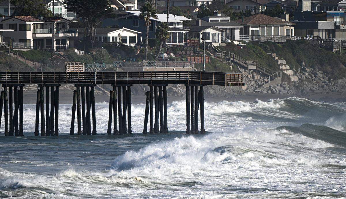 Powerful waves pounded the San Luis Obispo County coast on Dec. 23, 2024, even ripping a piling from the base of the Caycuos Pier. A view from Estero Bluffs State Park shows the waves.