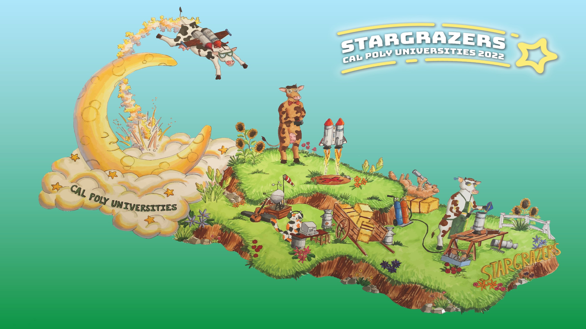 Cal Poly’s 2022 Rose Parade float will feature a cow jumping over a moon to showcase the theme “Believe. Dream. Achieve.”