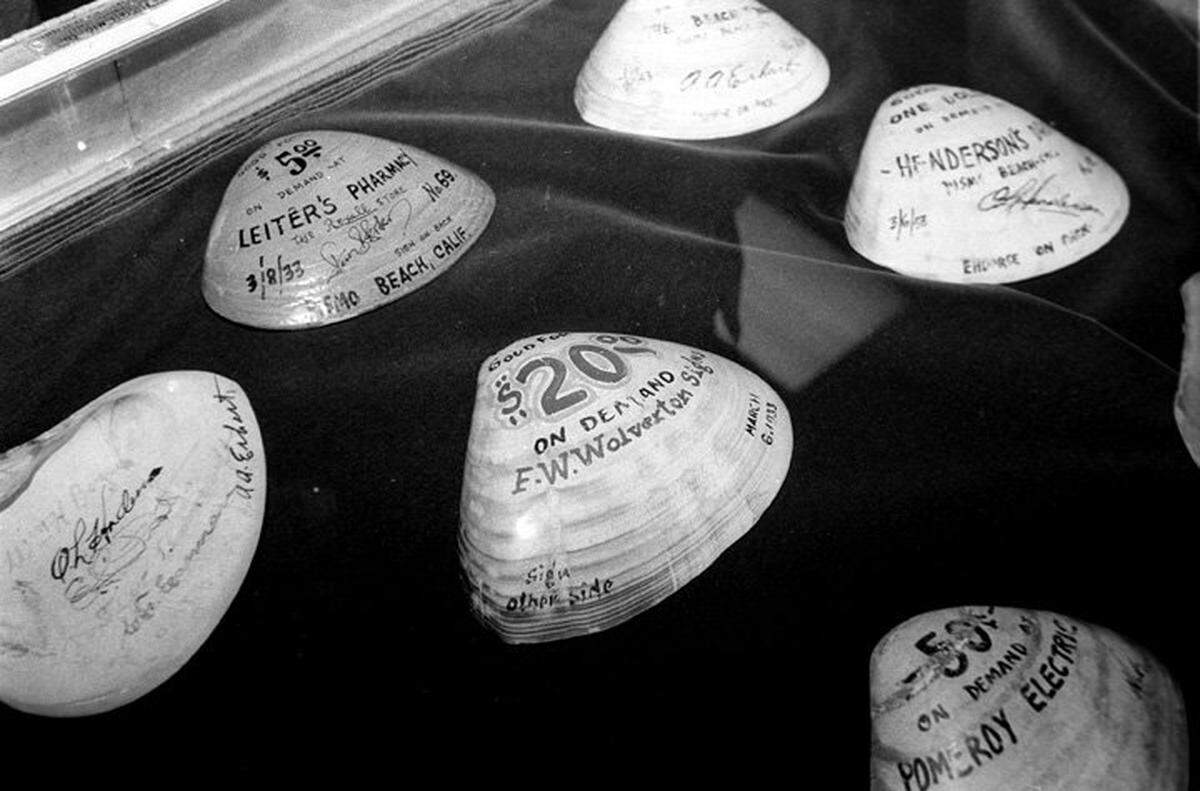 In Pismo Beach, clam shells marked with India ink were used like money during the Depression. The scrip was issued by 11 merchants and the Chamber of Commerce in 1933.