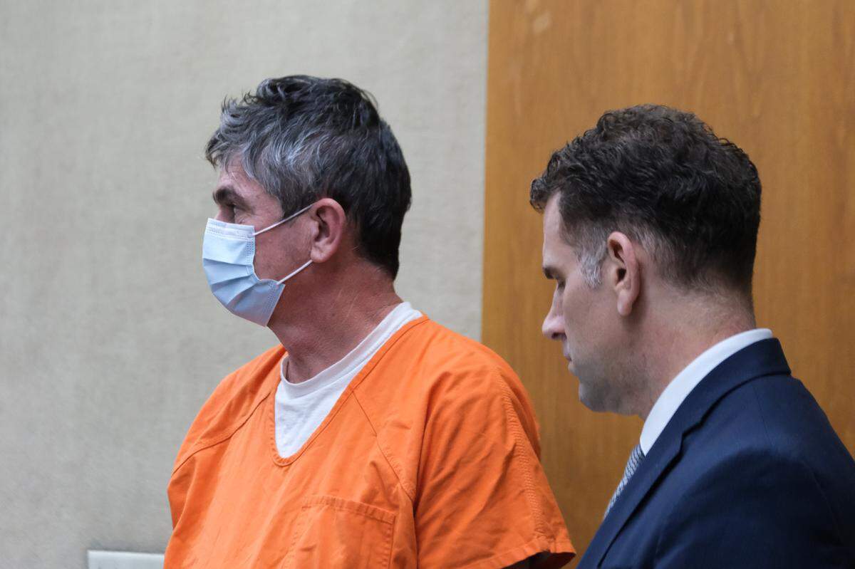 Norman Hibble, left, stands with his attorney William Aron during his first San Luis Obispo Court appearance on Feb. 23, 2024. Hibble is accused of embezzling at least $250,000 from San Luis Obispo County while working in the technology department.