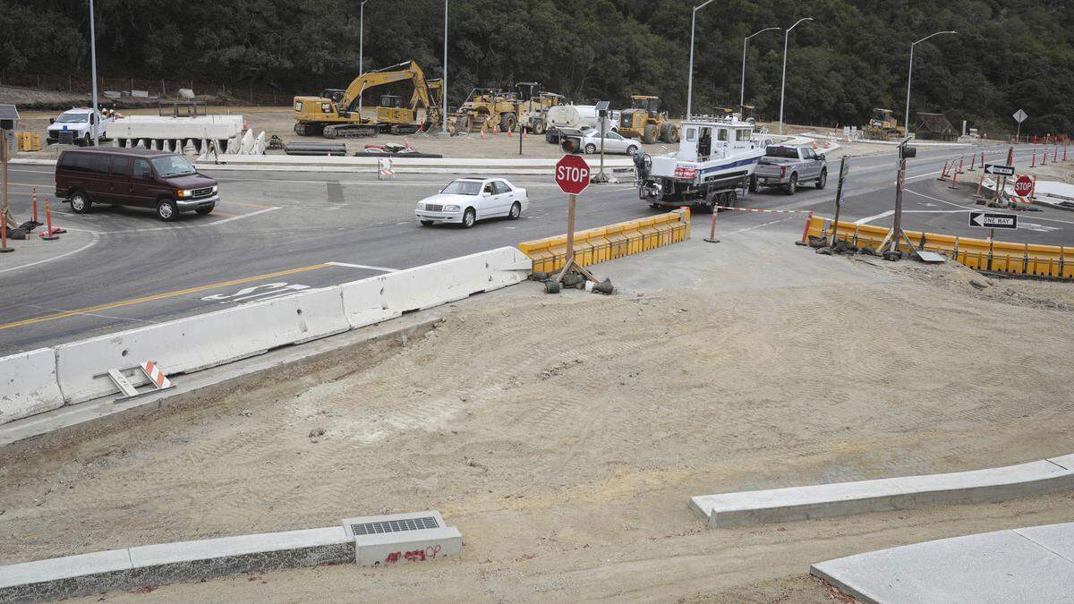 Avila Beach businesses are bracing for revenue losses as one of the town’s two highway exits, Avila Beach Drive, is expected to close for over a month beginning Aug. 18 to build a roundabout, seen here on Aug. 15, 2025.