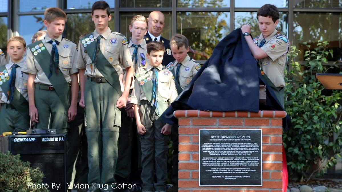 Arroyo Grande Boy Scout Zachary Hall unveils his 9/11 memorial in front of the Five Cities Fire Authority station on Sunday, September 9, 2018.