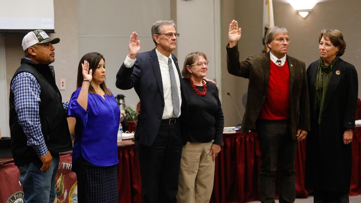 In 2018, Councilwoman Maria Garcia, left, incumbent Mayor Steve Martin, and incumbent Councilman John Hamon were sworn in. Garcia is the first woman on the council in 34 years and the first Latina. Joining them were, from left, Gilbert Ruelas, Jennifer Martin and Marjorie Harmon.