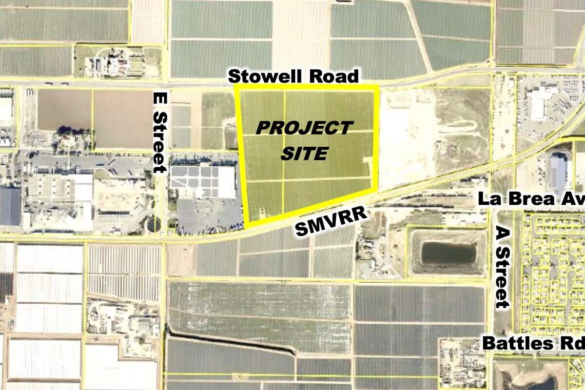 A map shows the proposed location for a package delivery warehouse on the western edge of Santa Maria.