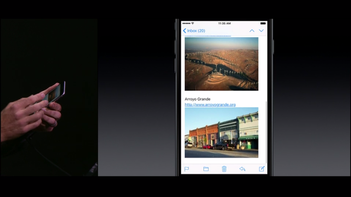 A photo of Arroyo Grande is shown in an email during a demonstration of Apple's 3-D touch screen for its new iPhone.