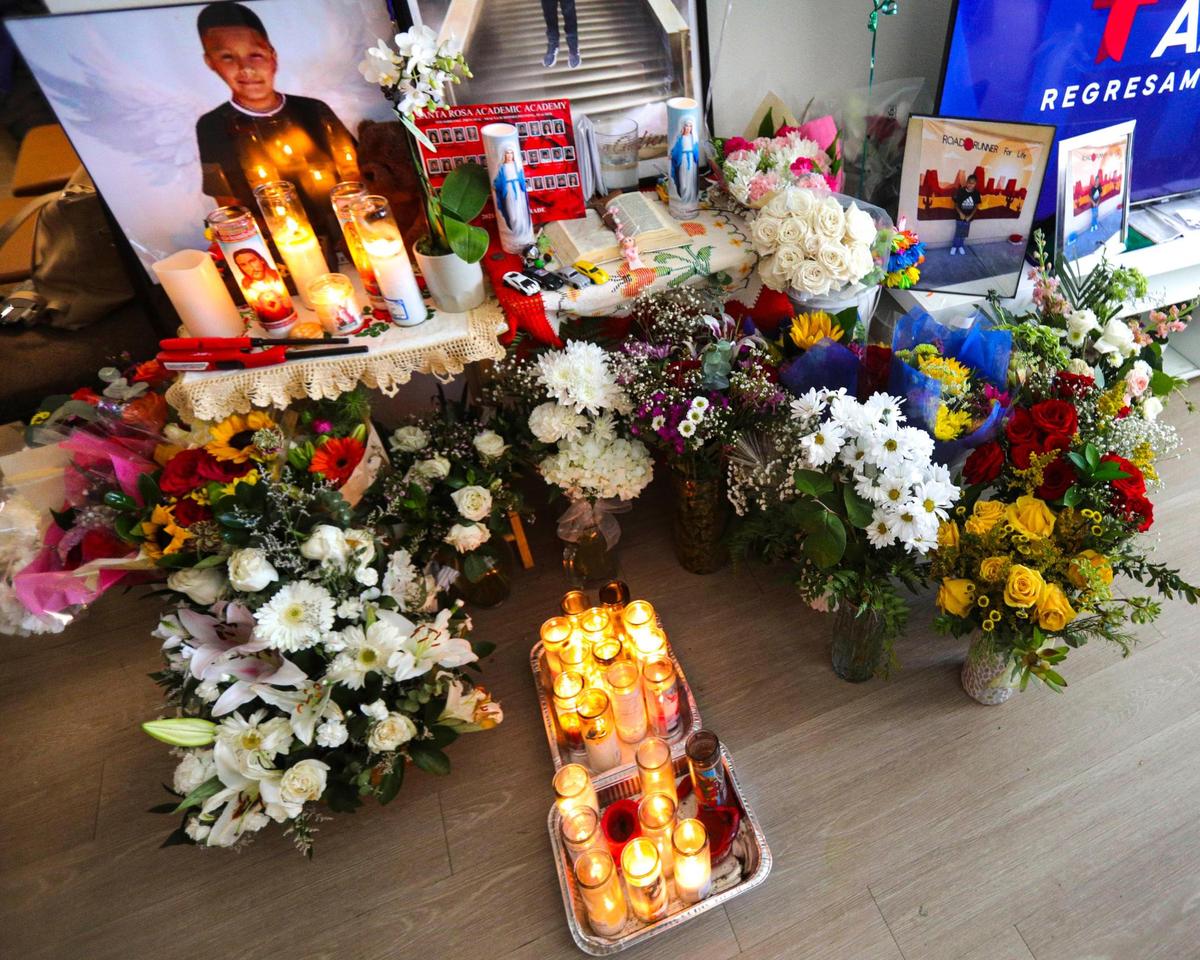 A memorial for José Gutiérrez, 11, fills the living room of his family’s Atascadero apartment on March 20, 2025. The boy was killed in a hit-and-run on March 14.