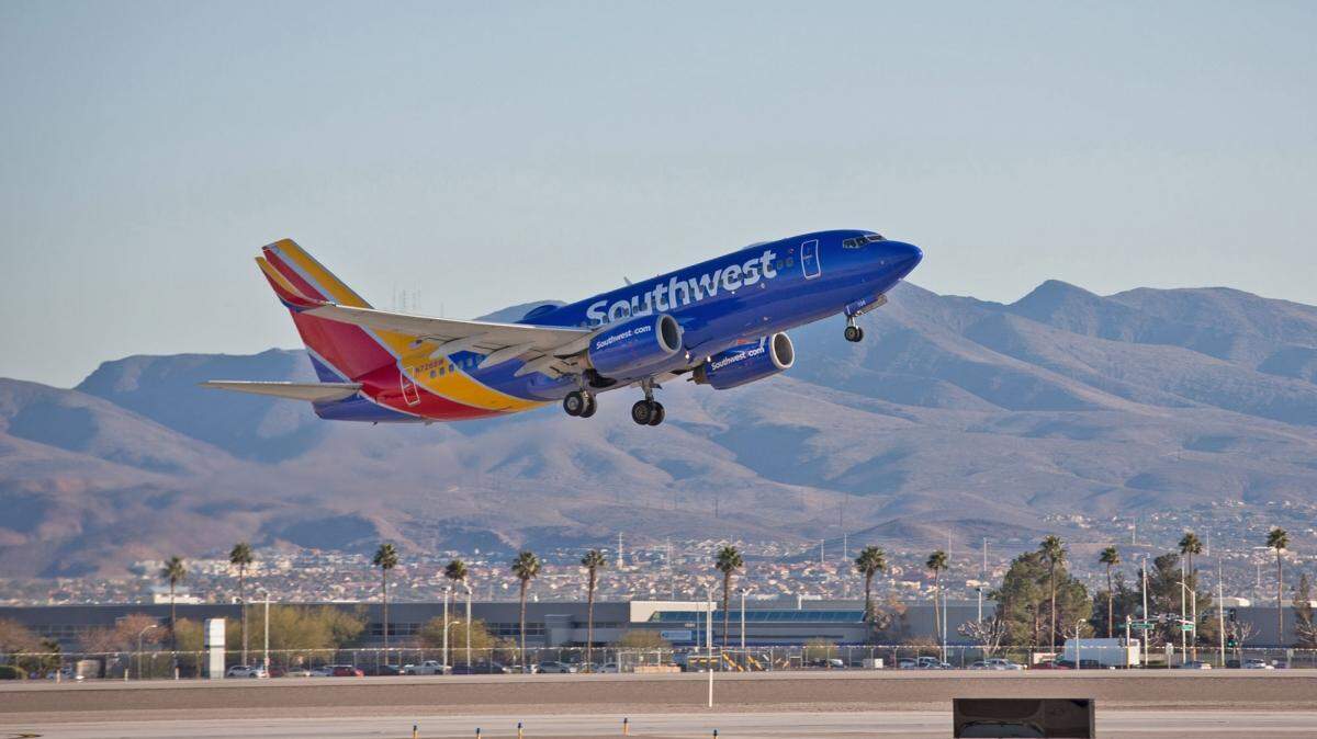 A Southwest Airlines jet departs from McCarran International Airport near Las Vegas, Nevada. Beginning April 12, 2021, the airline plans to offer three daily departures to Las Vegas from the Santa Barbara Airport.