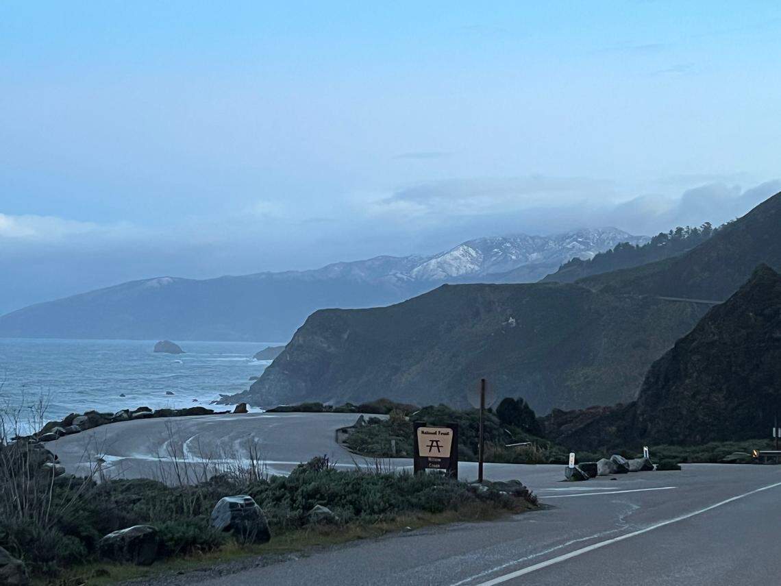 Snow was spotted dusting the mountaintops along Highway 1 between Sand Dollar Beach and Gorda on Wednesday, Feb. 18, 2026.